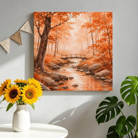 Fall Country Canvas Wall Art for Living Room, Cascade Landscape River Trail Orange Maple Trees Rustic Poster Print Painting for Bedroom Office Home Decoration Wall Pictures Prepare To Hang 8"x8"
