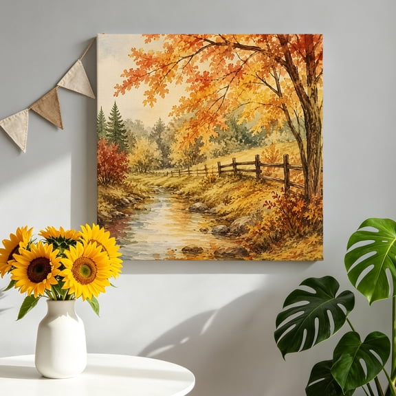 Fall Country Canvas Wall Art for Living Room, Forest Golden Orange Birch Tree River Valley Shabby Chic Poster Print Painting for Bedroom Office Home Decoration Wall Pictures Prepare To Hang 8"x8"