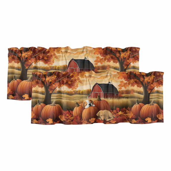 Fall Country Curtain Valances for Windows, Kitchen Valance Window Treatments Panel 2 Pack, Autumn Orange Pumpkin Barn Dog Animal Rod Pocket Short Curtains for Bathroom Bedroom 42 x 12 Inch