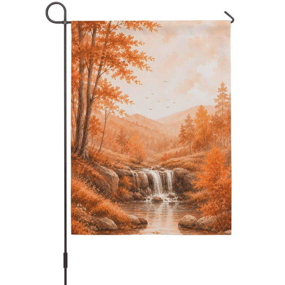 Fall Country House Flag 28 x 40 Inches, Cascade Landscape Waterfall Orange Maple Trees Rustic Weather Proof Outdoor Patio Flags Double Sided Small House Decoration for Yard Lawn Outside Home