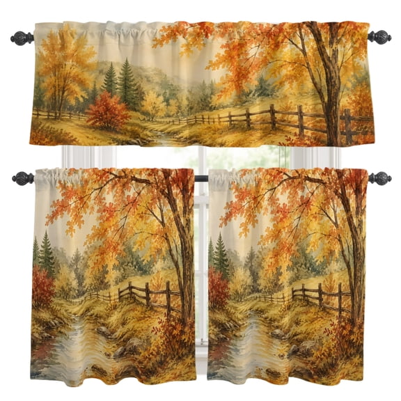 Fall Country Kitchen Curtains Valances 3 Pcs Set, Forest Golden Orange Birch Tree River Valley Shabby Chic Rod Pocket Tier Curtain and Valance Drapes for Small Window 24 Inch Length for Bedroom Cafe