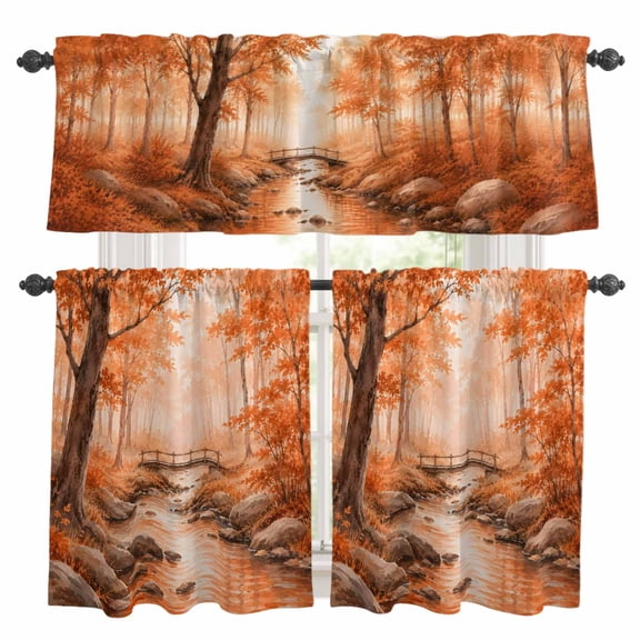 Fall Country Kitchen Curtains and Valances Set, Cascade Landscape River Trail Orange Maple Trees Rustic Rod Pocket Window Valance Window Curtain Panels for Living Room Bedroom, 27.5x24in, 3 Pieces