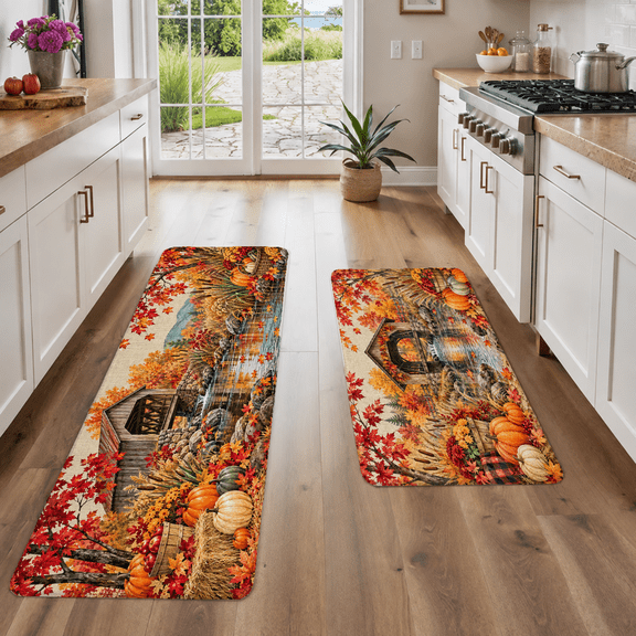 Fall Country Kitchen Mat Set of 2, Linen-Look Surface with Rustic Autumn Harvest Pattern, 16in x 24in + 18in x 48in