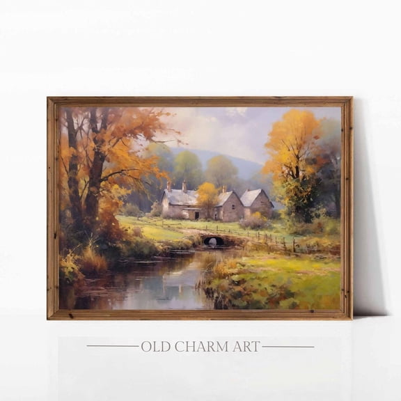 Fall Country Landscape Poster, Autumn Cottage, Rustic Scenery Wall Art, Wa125, Unframed Poster Size 24x36