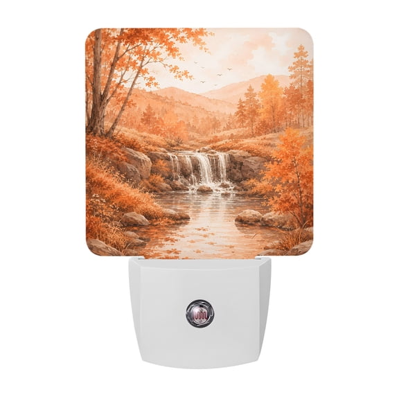 Fall Country Night Lights, Cascade Landscape Waterfall Orange Maple Trees Rustic Smart Auto Dusk to Dawn Sensor Nightlights Plug-in Nightlight for Bedroom Bathroom Living Room Kitchen Hallway