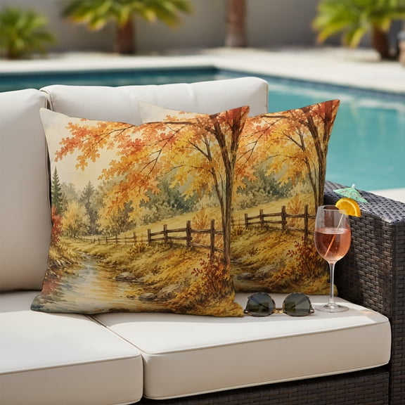 Fall Country Outdoor Waterproof Throw Pillow Covers Set of 2, 24"x24", Forest Golden Orange Birch Tree River Valley Shabby Chic Decorative Pillow Covers Outside Cushion Case for Patio Porch Garden