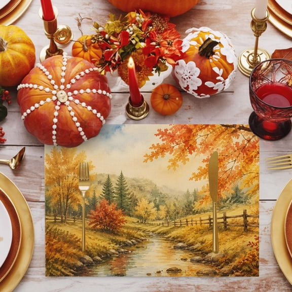 Fall Country Placemats Set of 2, Forest Golden Orange Birch Tree River Valley Shabby Chic Non-Slip Place Mats Washable Table Mats for Kitchen Dining Table Decorations Indoor/Outdoor