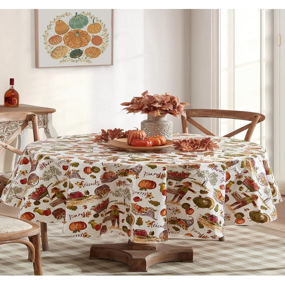 Fall Country Pumpkin Farm Vinyl Tablecloth, Flannel Backed Thanksgiving Harvest Print, Easy Care Wipe Clean, Oval