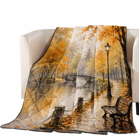 Fall Country Quilted Comforters Cooling Blanket California King Size, Forest Golden Orange Tree River Lake Parkbench Cold Comfort for Hot Sleepers Lightweight Air Conditioning Quilt Blanket for Bed