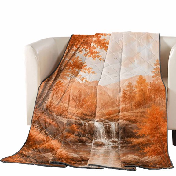 Fall Country Quilted Comforters Cooling Blanket Full Size, Cascade Landscape Waterfall Orange Maple Trees Rustic Cold Comfort for Hot Sleepers Lightweight Air Conditioning Quilt Blanket for Bed