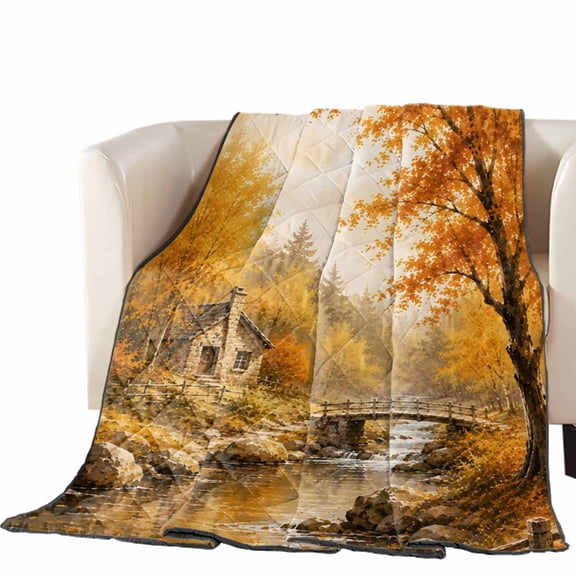 Fall Country Quilted Comforters Cooling Blanket King Size, Forest Golden Orange Tree River Shabby Chic Rustic Farm Cold Comfort for Hot Sleepers Lightweight Air Conditioning Quilt Blanket for Bed