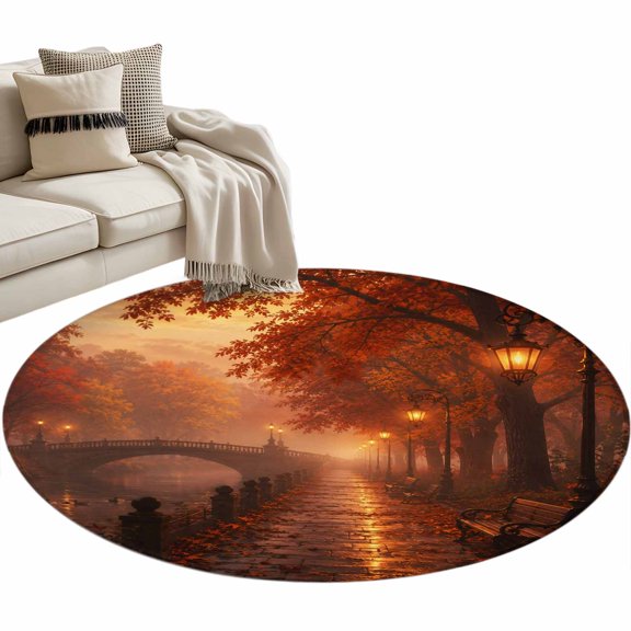 Fall Country Round Rug 3ft Washable Circle Entryway Rugs Non Slip Autumn Vintage Maple Leaves Street Lights Area Rug Indoor Floor Carpet for Bedroom Kitchen Living Room Office Dining Room Nursery