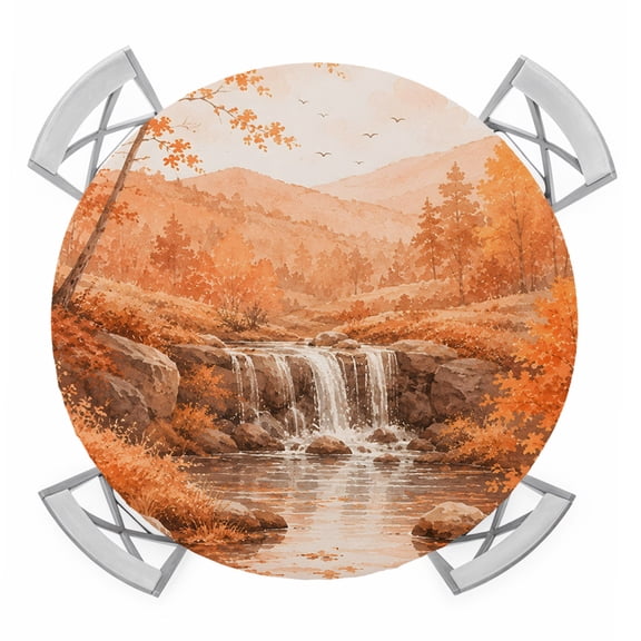 Fall Country Round Table Cover, Cascade Landscape Waterfall Orange Maple Trees Rustic Waterproof Fitted Tablecloths for 45"-54" Tables, Washable Picnic Table Cover for Camping Dining Indoor Outdoor