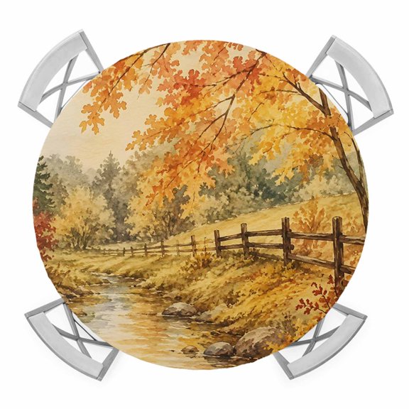 Fall Country Round Table Cover, Forest Golden Orange Birch Tree River Valley Shabby Chic Waterproof Fitted Tablecloths for 36"-44" Tables, Washable Picnic Table Cover for Dining Indoor Outdoor