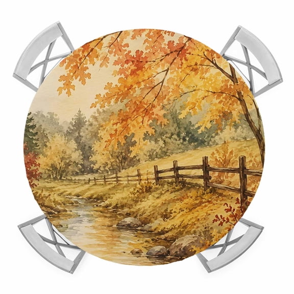 Fall Country Round Table Cover, Forest Golden Orange Birch Tree River Valley Shabby Chic Waterproof Fitted Tablecloths for 45"-54" Tables, Washable Picnic Table Cover for Dining Indoor Outdoor