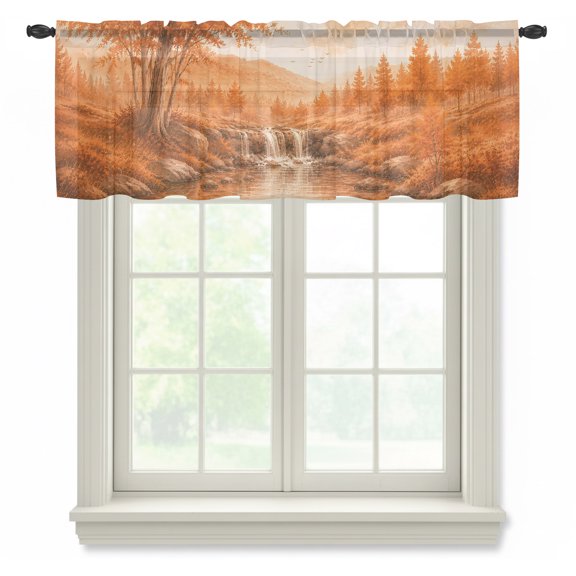 Fall Country Sheer Curtain 12 Inch Long Cascade Landscape Waterfall Orange Maple Trees Rustic Light Filtering Rod Pocket Voile Curtain Valance for Bedroom Kitchen Cafe Window 42" W x 12" L