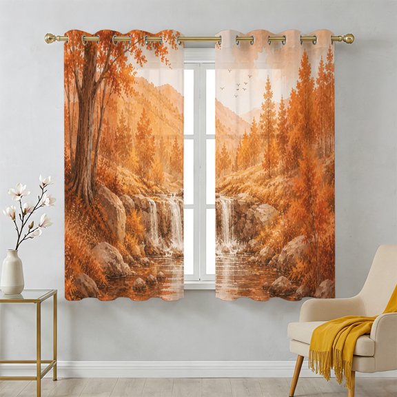 Fall Country Sheer Curtains 39 Inch Long 2 Panels, Cascade Landscape Waterfall Orange Maple Trees Rustic Light Filtering Semi Sheer Drapes Grommet Voile Window Curtain for Living Bedroom W27.9 x L39