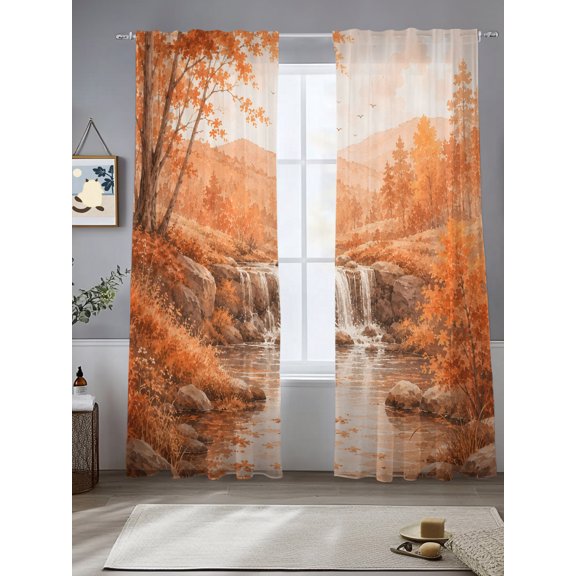 Fall Country Sheer Curtains 84 inches Long, Cascade Landscape Waterfall Orange Maple Trees Rustic Light Filtering Sheer Window Curtains Rod Pocket Voile Drapes for Bedroom Living Room, 2 Panels