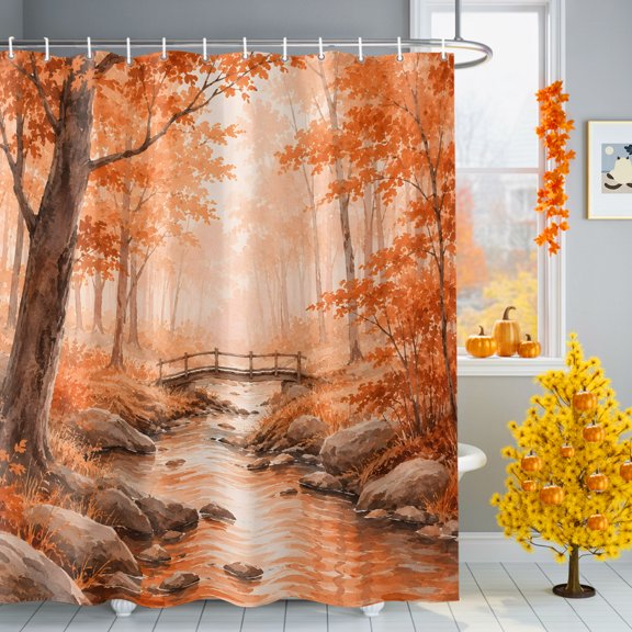 Fall Country Shower Curtain for Bathroom, Cascade Landscape River Trail Orange Maple Trees Rustic Waterproof Machine Washable Shower Curtain Set with Hooks, Bath Decoration for Home Bathtub 36"x72"