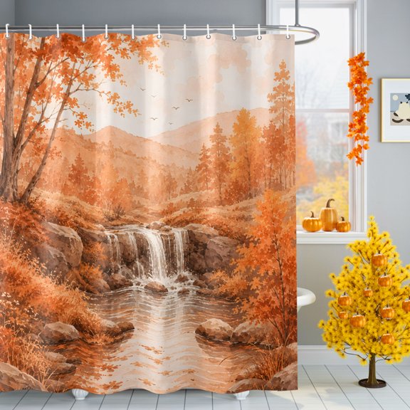 Fall Country Shower Curtain for Bathroom, Cascade Landscape Waterfall Orange Maple Trees Rustic Waterproof Machine Washable Shower Curtain Set with Hooks, Bath Decoration for Home Bathtub 36"x72"