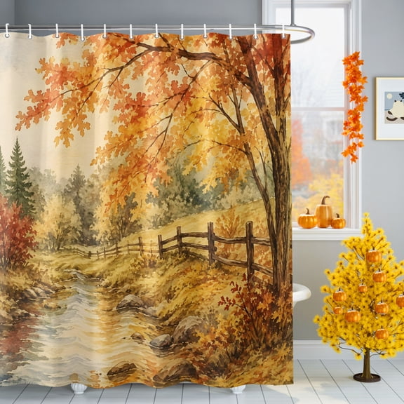 Fall Country Shower Curtain for Bathroom, Forest Golden Orange Birch Tree River Valley Shabby Chic Waterproof Machine Washable Shower Curtain Set with Hooks, Bath Decoration for Home Bathtub 36"x72"