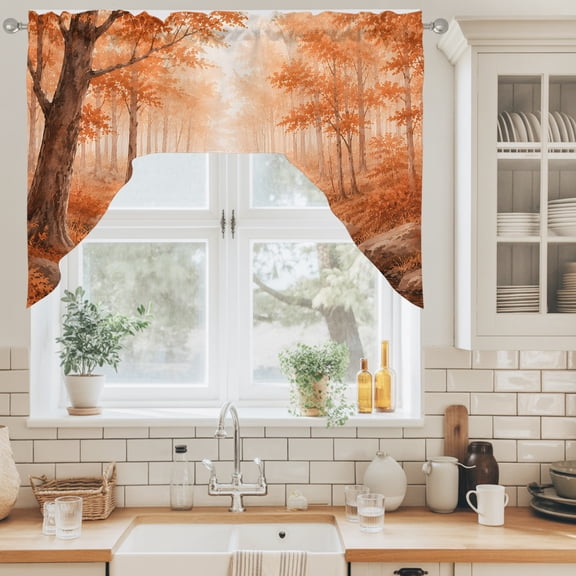 Fall Country Swag Curtain Valance for Windows, Cascade Landscape River Trail Orange Maple Trees Rustic Swag Curtains Drapes Rod Pocket for Kitchen Bathroom Small Window, 1 Panel 56x36in