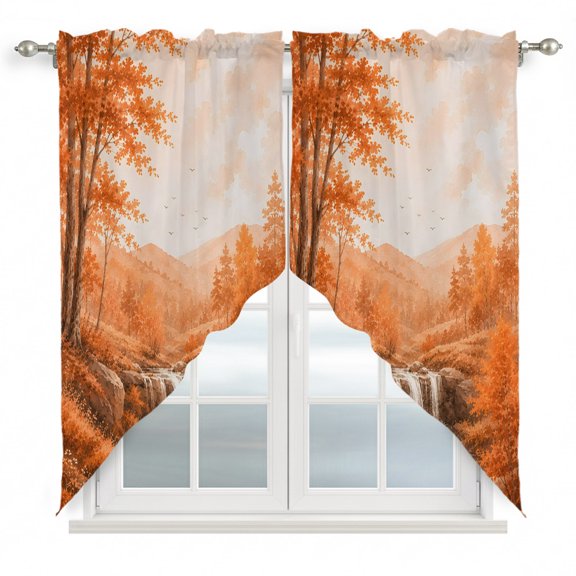 Fall Country Swag Curtain Valance for Windows, Cascade Landscape Waterfall Orange Maple Trees Rustic Window Treatments Short Swag Topper for Kitchen Windows Bathroom Bedroom, 36"x63"