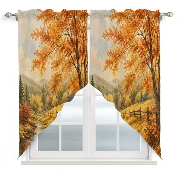 Fall Country Swag Curtain Valance for Windows, Forest Golden Orange Birch Tree River Valley Shabby Chic Window Treatments Short Swag Topper for Kitchen Windows Bathroom Bedroom, 36"x63"