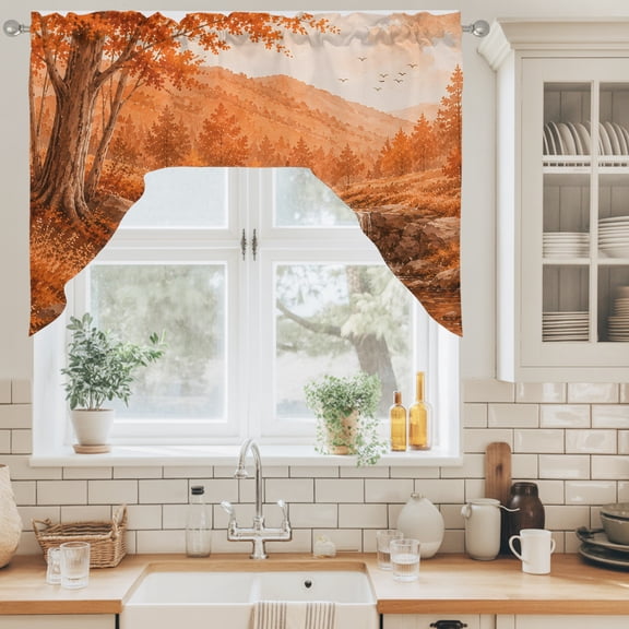 Fall Country Swag Valance for Windows, Cascade Landscape Waterfall Orange Maple Trees Rustic Swag Curtains Valances for Small Window Treatment Rod Pocket for Kitchen Bathroom 1 Panel 56x36in