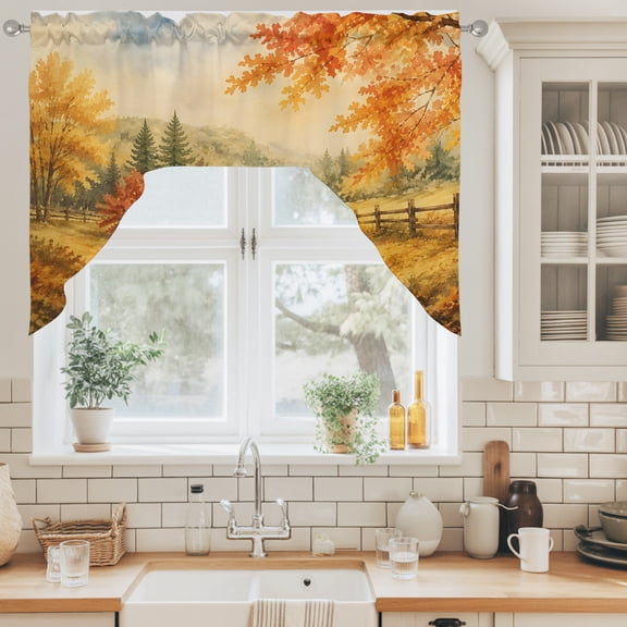 Fall Country Swag Valance for Windows, Forest Golden Orange Birch Tree River Valley Shabby Chic Swag Curtains Valances for Small Window Treatment Rod Pocket for Kitchen Bathroom 1 Panel 56x36in