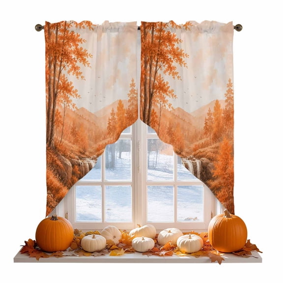Fall Country Swag Valances for Windows 2 Pack Cascade Landscape Waterfall Orange Maple Trees Rustic Swag Kitchen Curtains 36 Inches Long Rod Pocket Short Window Treatment for Kitchen Bathroom 36"x36"