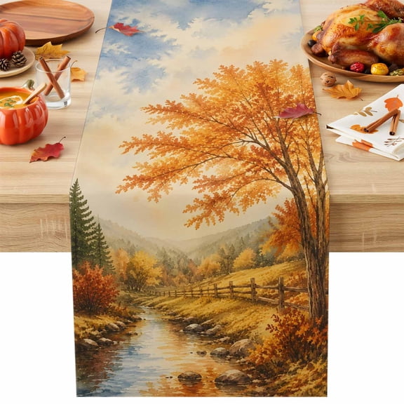 Fall Country Table Runner 13x36 Inch Forest Golden Orange Birch Tree River Valley Shabby Chic Cotton Linen Dining Table Runner Ideal for Dresser Kitchen Coffee Tables - Machine Washable