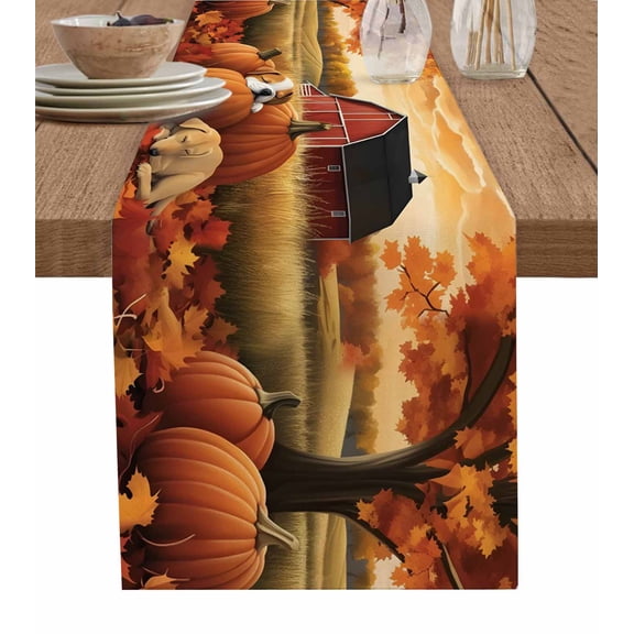 Fall Country Table Runner 90 Inches, Autumn Orange Pumpkin Barn Dog Animal Bed Runner Dresser Scarves Tabletop for Indoor Outdoor Parties/Ceremony/Banquet, 13" x 90"