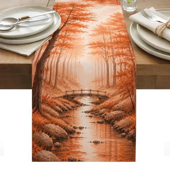 Fall Country Table Runner, Cascade Landscape River Trail Orange Maple Trees Rustic Washable Kitchen Table Runners for Dining Table Decorations Party/Restaurant/Indoor Outdoor Use, 13x36in