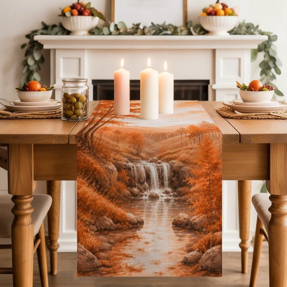 Fall Country Table Runner, Cascade Landscape Waterfall Orange Maple Trees Rustic Washable Cotton-linen Table Runners Dining Kitchen Decoration for Everyday Home Wedding Party Decor, 13 x 36 Inch
