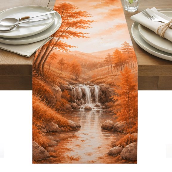 Fall Country Table Runner, Cascade Landscape Waterfall Orange Maple Trees Rustic Washable Kitchen Table Runners Dress Scarves for Dining Table Decorations Party/Restaurant/Indoor Outdoor Use, 13x36in