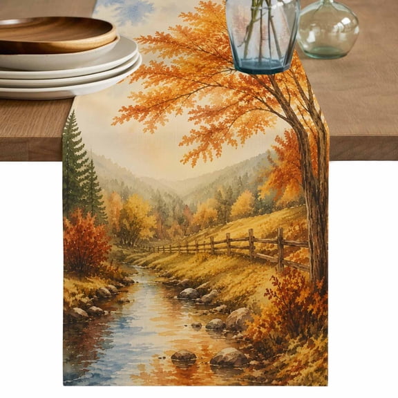 Fall Country Table Runner, Forest Golden Orange Birch Tree River Valley Shabby Chic Cotton Linen Table Cloth, Tablerunner for Kitchen Dining Party Wedding Home Decor 13x72 Inch