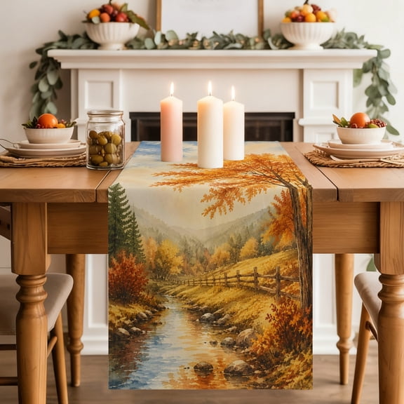 Fall Country Table Runner, Forest Golden Orange Birch Tree River Valley Shabby Chic Washable Cotton-linen Table Runners Dining Kitchen Decoration for Everyday Home Wedding Party Decor, 18 x72 Inch