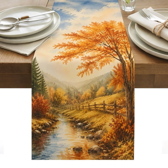Fall Country Table Runner, Forest Golden Orange Birch Tree River Valley Shabby Chic Washable Kitchen Table Runners for Dining Table Decorations Party/Restaurant/Indoor Outdoor Use, 18x72in