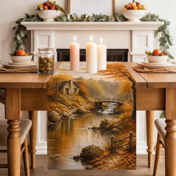 Fall Country Table Runner, Forest Golden Orange Tree River Shabby Chic Rustic Farm Washable Cotton-linen Table Runners Dining Kitchen Decoration for Everyday Home Wedding Party Decor, 13 x 36 Inch