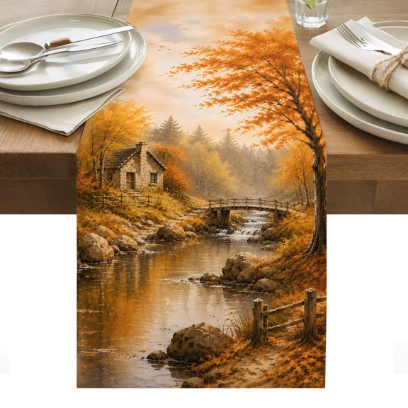 Fall Country Table Runner, Forest Golden Orange Tree River Shabby Chic Rustic Farm Washable Kitchen Table Runners for Dining Table Decorations Party/Restaurant/Indoor Outdoor Use, 13x36in