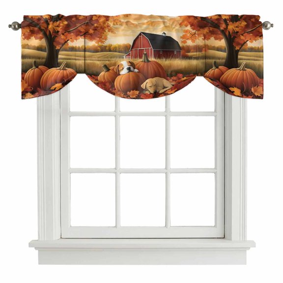 Fall Country Tie Up Valance Curtains for Windows, Kitchen Curtains Window Treatments, Autumn Orange Pumpkin Barn Dog Animal Short Window Shades Valances for Bedroom Bathroom Cafe 42"x12"