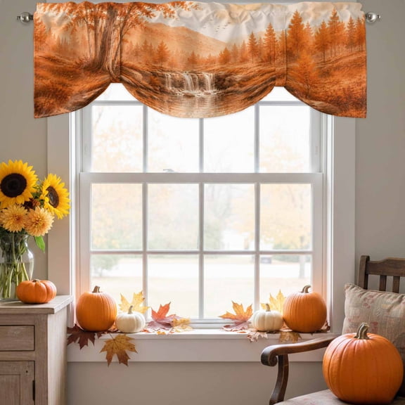 Fall Country Tie Up Valance for Windows, Cascade Landscape Waterfall Orange Maple Trees Rustic Adjustable Rod Pocket Tie Up Valance Curtains Window Treatment for Kitchen Bathroom Bedroom 42 X 12 Inch