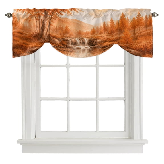 Fall Country Tie Up Valances Curtain, Cascade Landscape Waterfall Orange Maple Trees Rustic Adjustable Ties Short Curtain Rod Pocket Windows Treatment for Kitchen Bathroom 1 Panel 42x12in