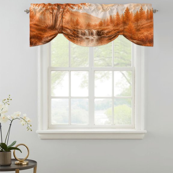 Fall Country Tie Up Valances Curtain, Cascade Landscape Waterfall Orange Maple Trees Rustic Kitchen Valances for Windows Decor, Rod Pocket Short Curtains Set for Bedroom/Bathroom, 42"x12"