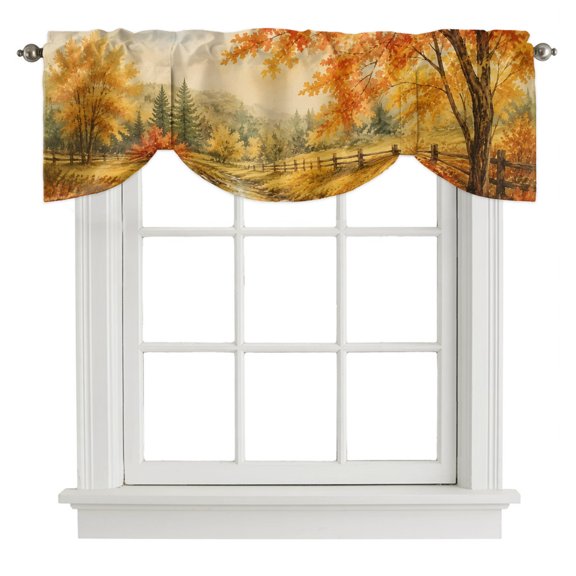 Fall Country Tie Up Valances Curtain, Forest Golden Orange Birch Tree River Valley Shabby Chic Adjustable Valance for Window Light Filtering for Kitchen and Bathroom Rod Pocket 1 Panel 60x18in