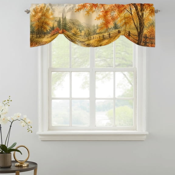 Fall Country Tie Up Valances Curtain, Forest Golden Orange Birch Tree River Valley Shabby Chic Kitchen Valances for Windows Decor, Rod Pocket Short Curtains Set for Bedroom/Bathroom, 42"x12"