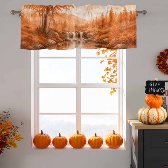 Fall Country Valance Curtain 1 Panel, Cascade Landscape Waterfall Orange Maple Trees Rustic Kitchen Valance with Rod Pocket Window Treatment Short Curtains for Bathroom Bedroom, 42 x 12 Inches