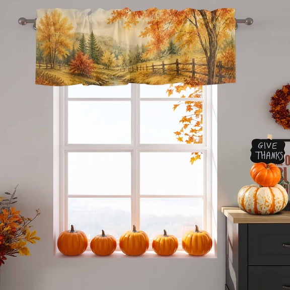 Fall Country Valance Curtain 1 Panel, Forest Golden Orange Birch Tree River Valley Shabby Chic Kitchen Valance with Rod Pocket Window Treatment Short Curtains for Bathroom Bedroom, 54 x 18 Inches