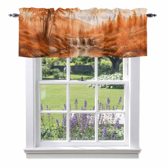 Fall Country Valances for Windows, Cascade Landscape Waterfall Orange Maple Trees Rustic Rod Pocket Valance Short Window Treatments Curtains for Kitchen Bathroom Bedroom Decor, 54 x 18 Inches